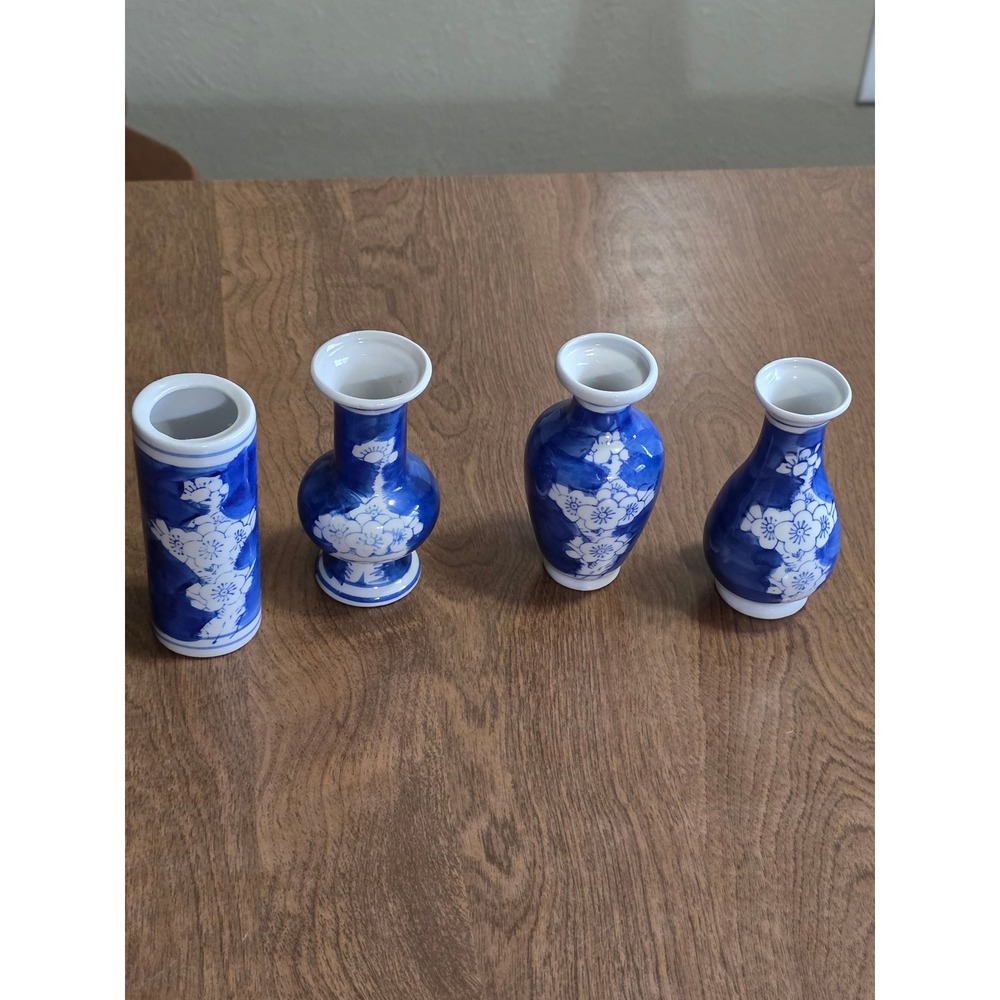 Blue White Porcelain Bud Vase Set 4 Cherry Blossom Floral Miniature Chinoiserie